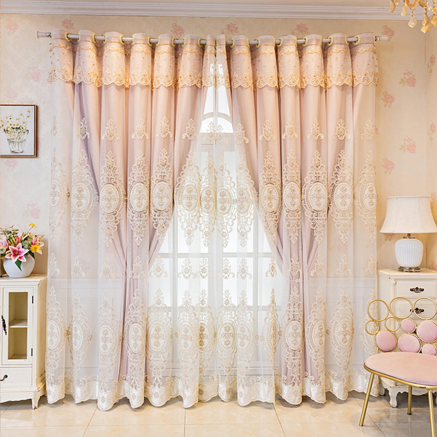 1pc Luxurious Pink Embroidered Blackout Curtain UV Protection Thermal Insulation Easy Hang For Living Room Bedroom Office Decor