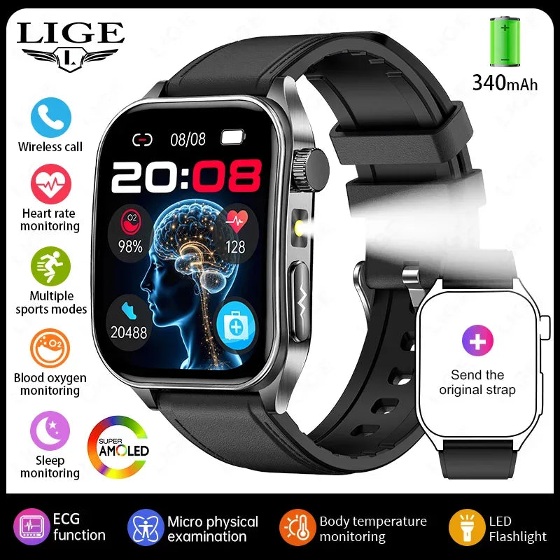 LIGE New Accurate ECG+PPG Smart Watch Laser Therapy Blood Lipid Uric Acid BP Heart Health Analysis BT Call Smartwatch Men Women