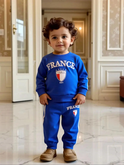 Two piece set of baby boy sports and leisure English letter printed round neck long sleeved top and pants set