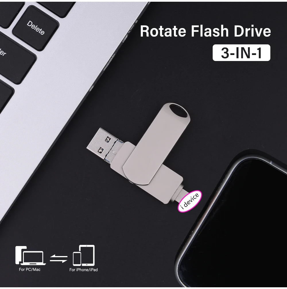 Rotate USB 3.0 Flash Drive 8GB 16GB with 3-in-1 Type-C to Lightning Interface 32GB Pendrive for iPad 11/12/13/14