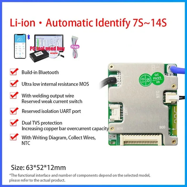 JBD Smart BMS 7S 8S 9S 10S 11S 12S 13S 14S 24V 36V 48V Built-in BT 20A 30A BMS Lifepo4 Li-ion Passive Balance Uart for E-bike