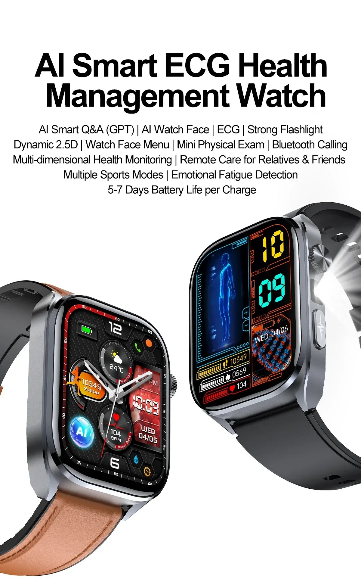 New Uric Acid Blood Lipids AI-GPT ECG Smartwatch Micro Physical Examination Body Analysis Men BT Call LED Flashlight Smartwatch
