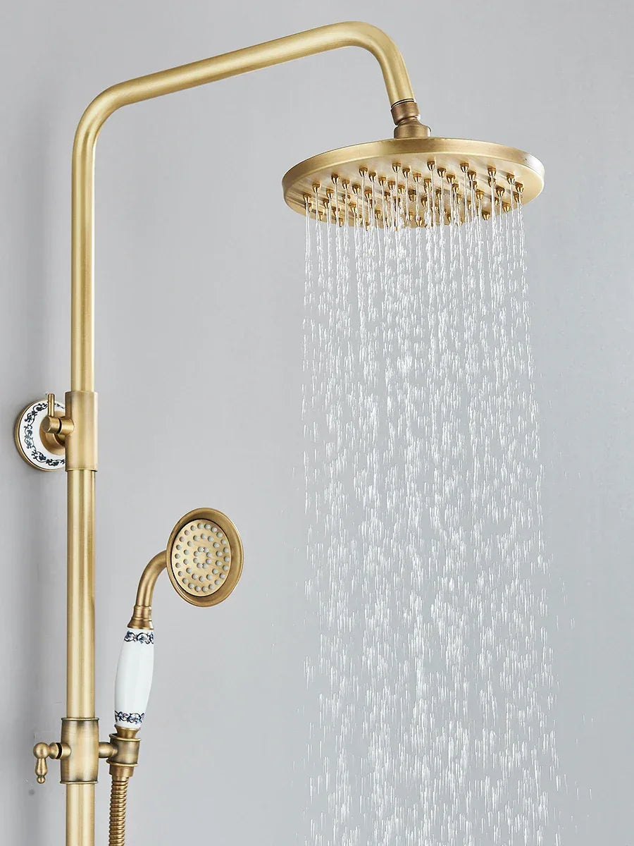 Retro Shower System Antique Brass Rainfall Shower With Handheld Shower Tub Spout For Bath Shower