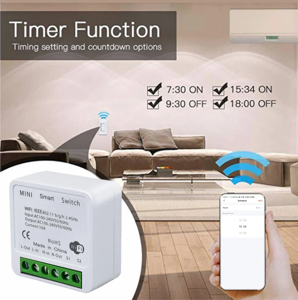 16A Mini Tuya Smart WiFi Switch RF433MHz Home Automation Breaker Voice Control With Alexa Google Home 100-240V 20A 2 Way Control