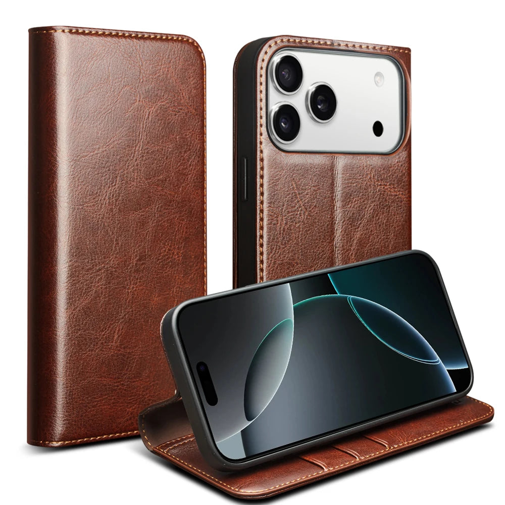 QIALINO Genuine Leather Flip Case for iPhone 17 Bracket Handmade Business Cover with Card Slots for iPhone 17 Pro Max/17 Air