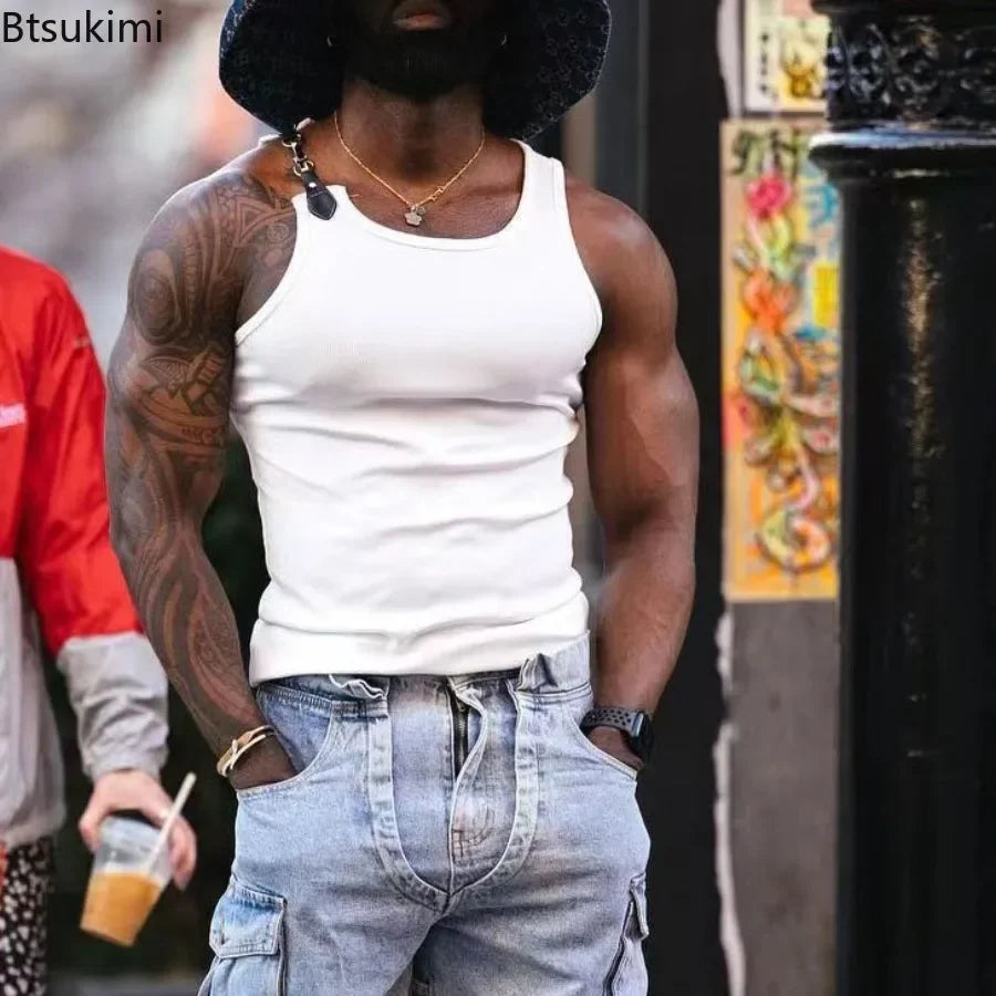 2026 Streetwear Men's Sexy Chain Button Straps Tank Tops Hip Hop Vest T-shirts Men Sleeveless Elastic Slim Fitness Muscle Vests