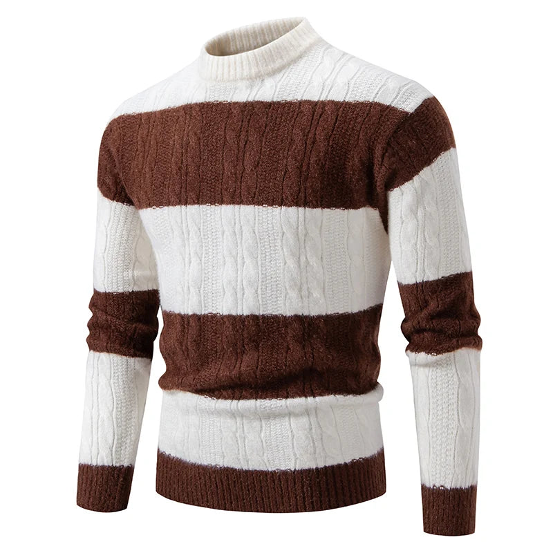 Pull en maille patchwork à col montant pour homme, rayé, décontracté et tendance, idéal pour l'automne et l'hiver.