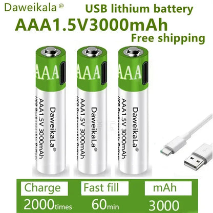 New 1.5V AAA grade lithium-ion battery with 3000mAh capacit USB rechargeable battery suitable forRomote Control LED toy keyboard