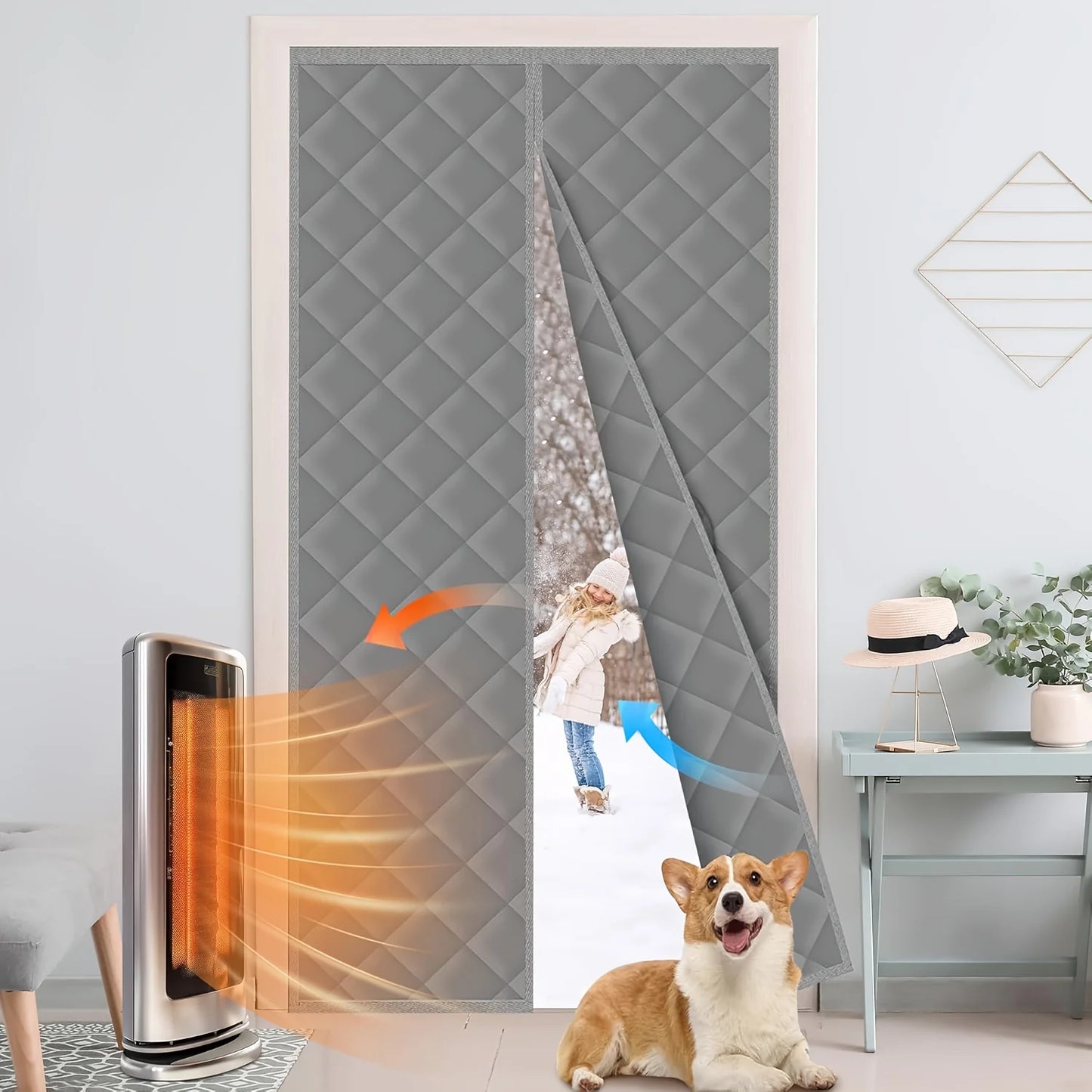 Magnetic Self Seal Thermal Curtain Heavy Duty Winter Proof Privacy Pet Friendly White Gray Quilted No Install