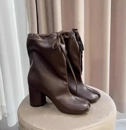 Leather Split Toe Tabi Boots For Women Chunky High Heels Women Shoes Ankle Boots Black Fashion Brand Designer Botas Mujer