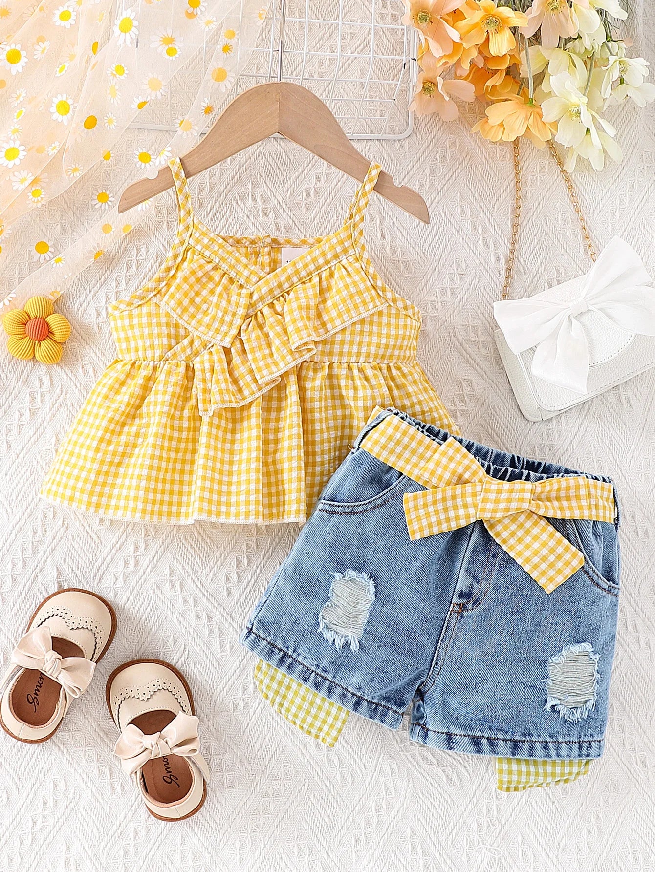 Summer Baby Girls Clothing Set & Denim Shorts Set 2-6Y | Yellow Plaid Ruffled Cami, Distressed Denim with Bow | Soft Breathable
