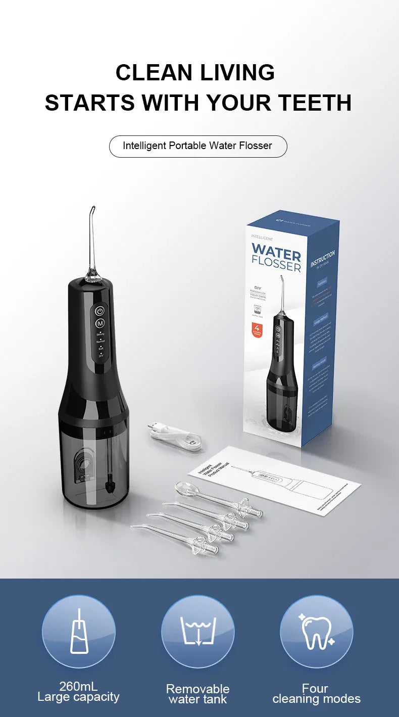 Professional wireless dental floss cleaner, 4 cleaning modes, portable rechargeable electric dental floss oral irrigator