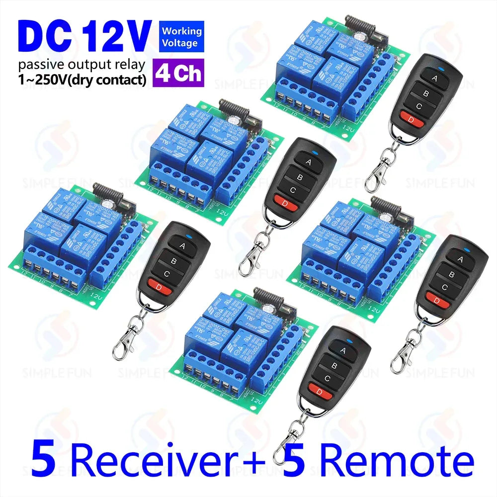 433Mhz Universal Wireless Remote Control Light Switch DC 12V 4CH RF Relay Receiver 60m Range for Light/Garage Door/LED DIY