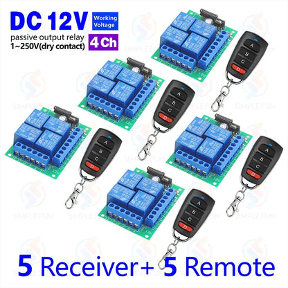 433Mhz Universal Wireless Remote Control Light Switch DC 12V 4CH RF Relay Receiver 60m Range for Light/Garage Door/LED DIY