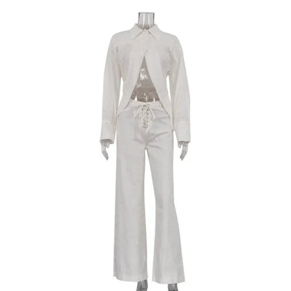INS Loose Tracksuit Elegant Women Trousres Set Y2K Outfits Long Sleeve Irregular Blouse Top Lace Up Wide Leg Pants Two Piece Set