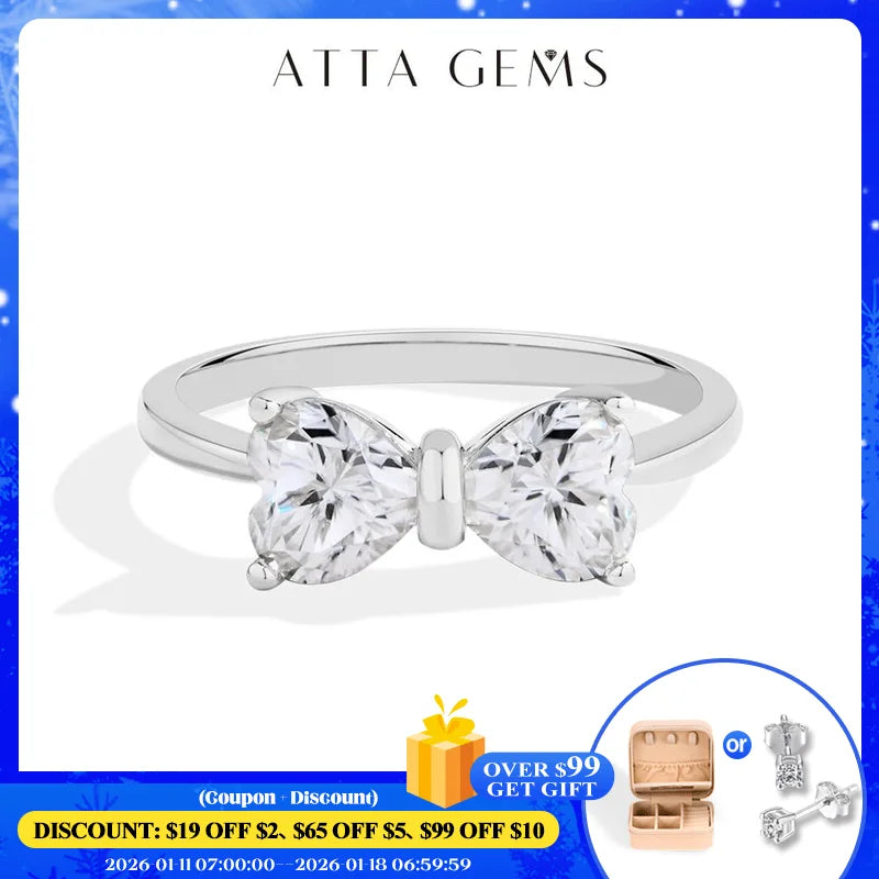 Bagues en argent sterling 925 avec nœud papillon et moissanite, lot de 2, 0,8 ct, taille cœur, couleur D, pureté VVS1. Bijou de luxe idéal pour une soirée.