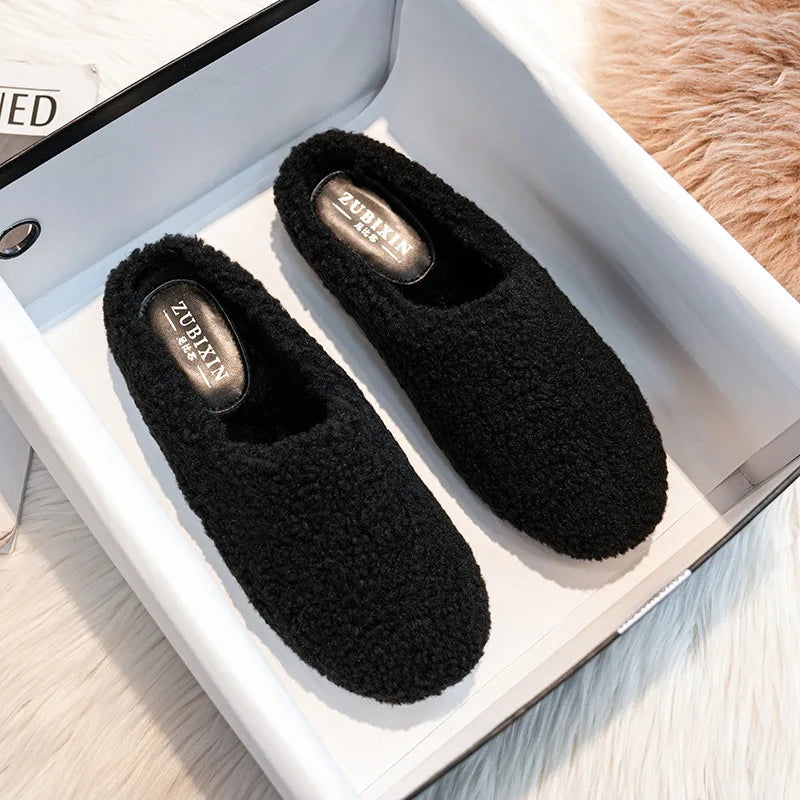 Big Size 43 Women Lambswool Slippers Winter Sheep Fur Shoes Ladies Flat Cotton Slides Home Pantuflas Daily Slip On Furry Mules