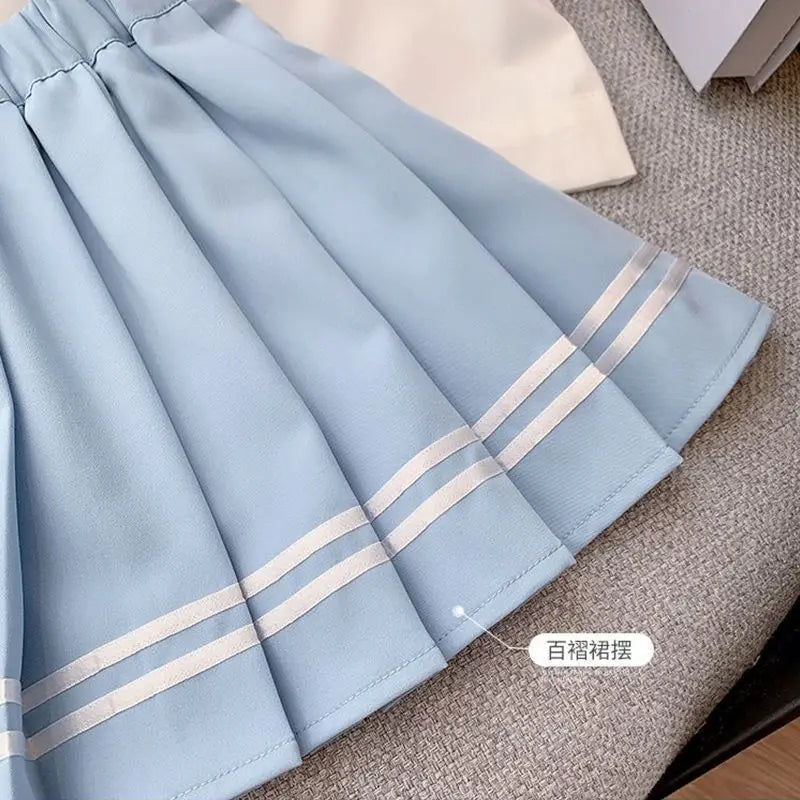 2025 autumn winter sailor T shirt blouse + jk pleated skirt toddler girls cotton teenager children  6 7 8 9 10 11 12 year