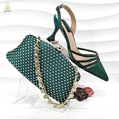 QSGFC African Women's Fashion Crystal Square Button Pointed High Heels Water Diamond Shiny Wine Color Sandal Bag Set