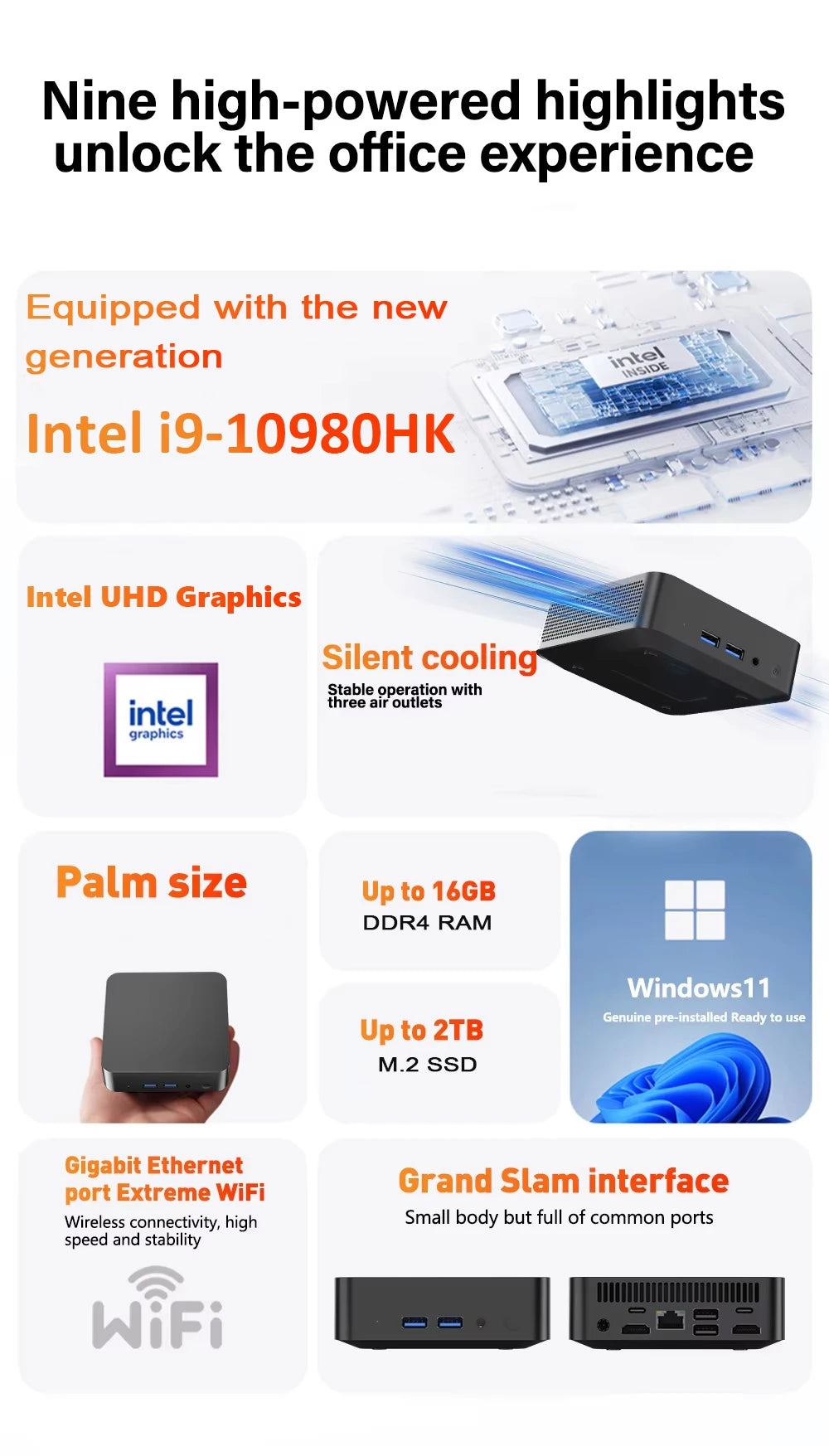 Brand New Mini PC Intel Core I9-10980HK 16GB RAM 1/2TB SSD Bluetooth 5.2 WiFi6 1000M Ethernet Windows 11 Gaming Office PC