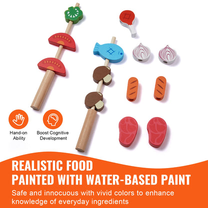 SucceBuy Simulation Kitchen Barbecue Toys Wooden Grill Toy Set Montessori Pretend Play Food BBQ Toy Playset for Kids Girls Gifts