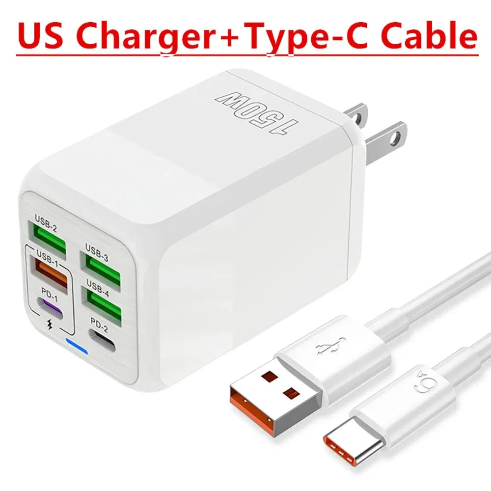150W Multi Port USB Charger 6 Ports Fast Charge Phone Charger Wall Adapter For iPhone Samsung Xiaomi EU/US/UK Plug Quick Charger