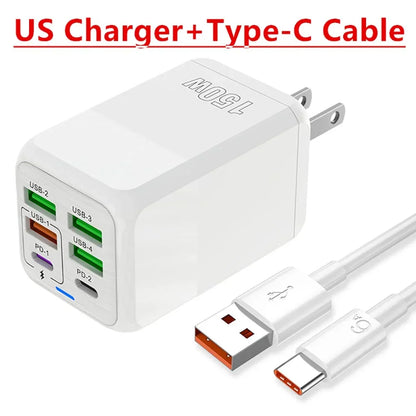150W Multi Port USB Charger 6 Ports Fast Charge Phone Charger Wall Adapter For iPhone Samsung Xiaomi EU/US/UK Plug Quick Charger