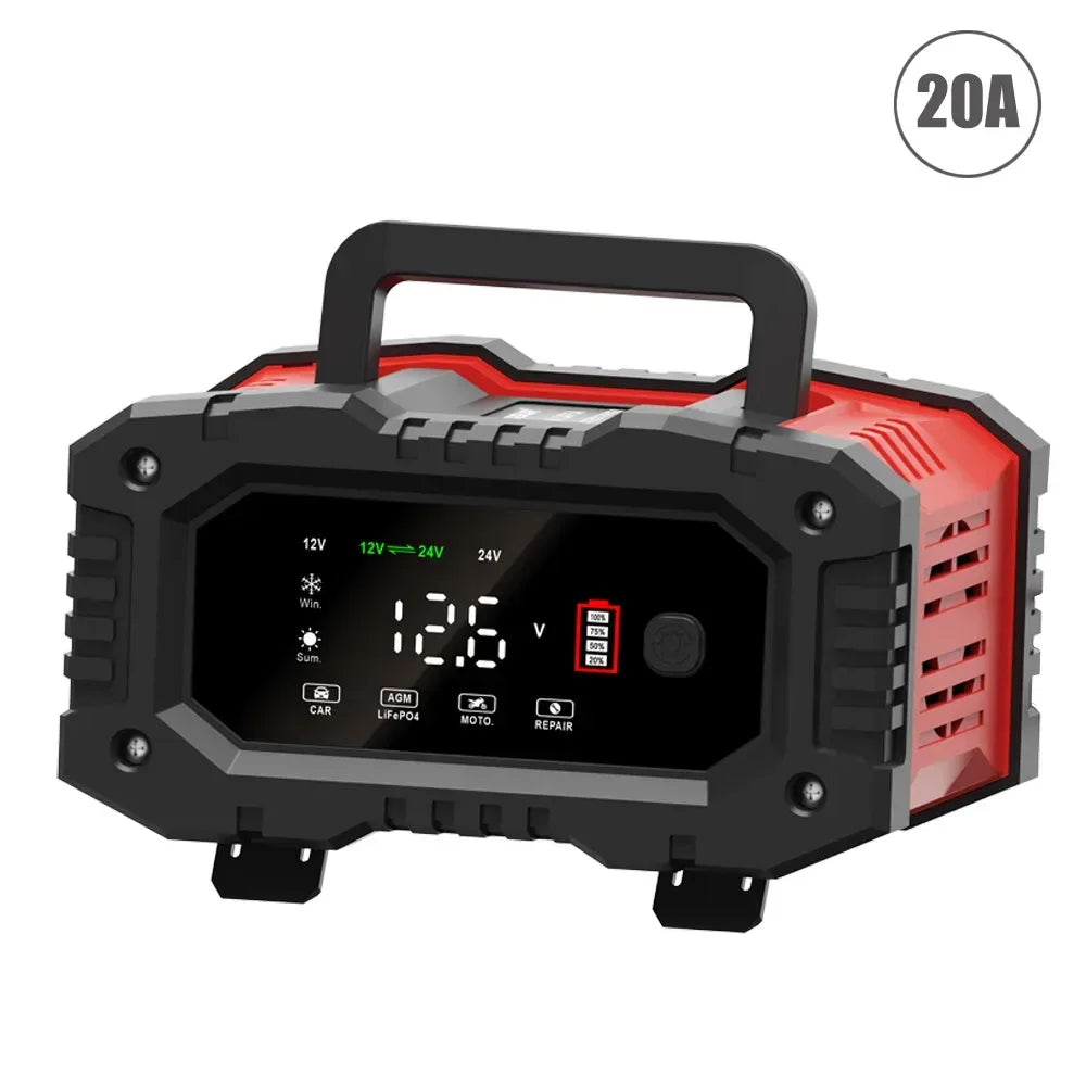 Portable 20A/10A Car Battery Charger 12V 24V Automatic Motorcycle Truck AGM LiFePO4 Lead Acid Start Stop Battery with Repair