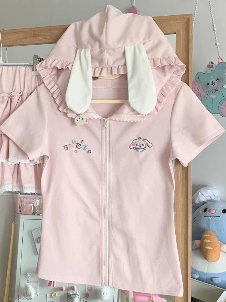 Japanese Kawaii Lolita 2-Pieces Set Women Sweet Rabbit Ear Zipper Hooded Tops + Cute Cake Mini Skirt Harajuku Y2k Outfits Summer