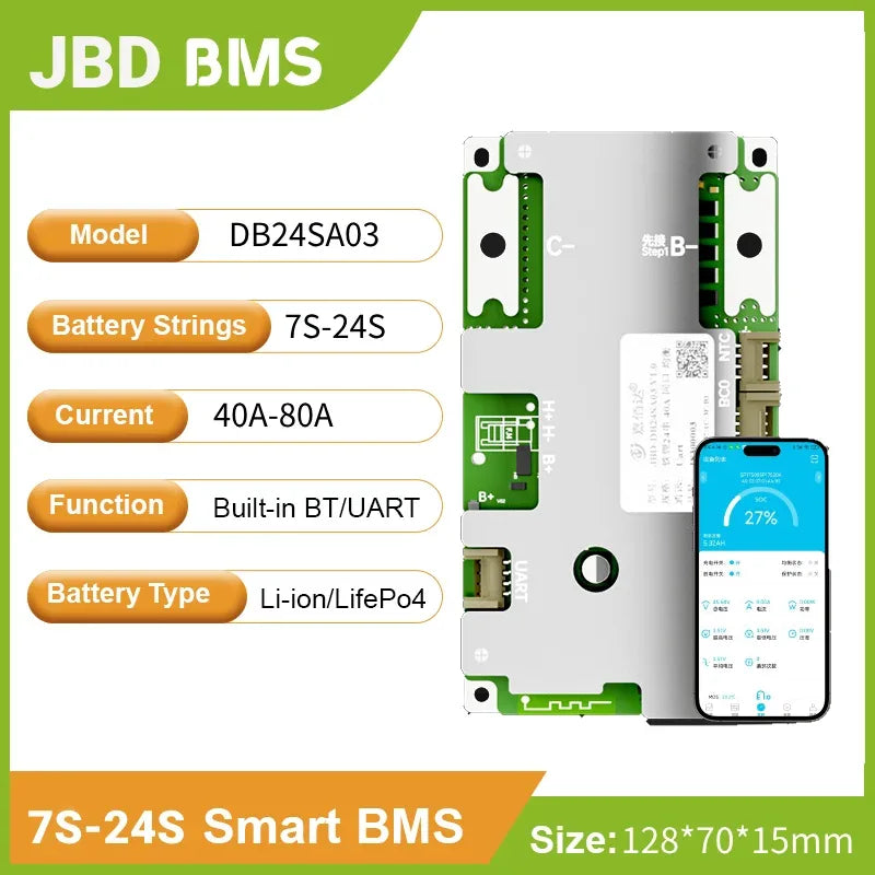 Build-in BT JBD Smart BMS Automatic Identify 7S-24S 8S 9S 10S 11S 12S 13S 14S 16S 20S 21S 22S 40A 50A 60A 80A LFP NMC Battery