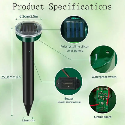 4PCS Solar Powered Ultrasonic Mouse Mole Repeller Rodent Deterrent Vibration Wave LED Lights For Yard Garden Park Farm Outdoor