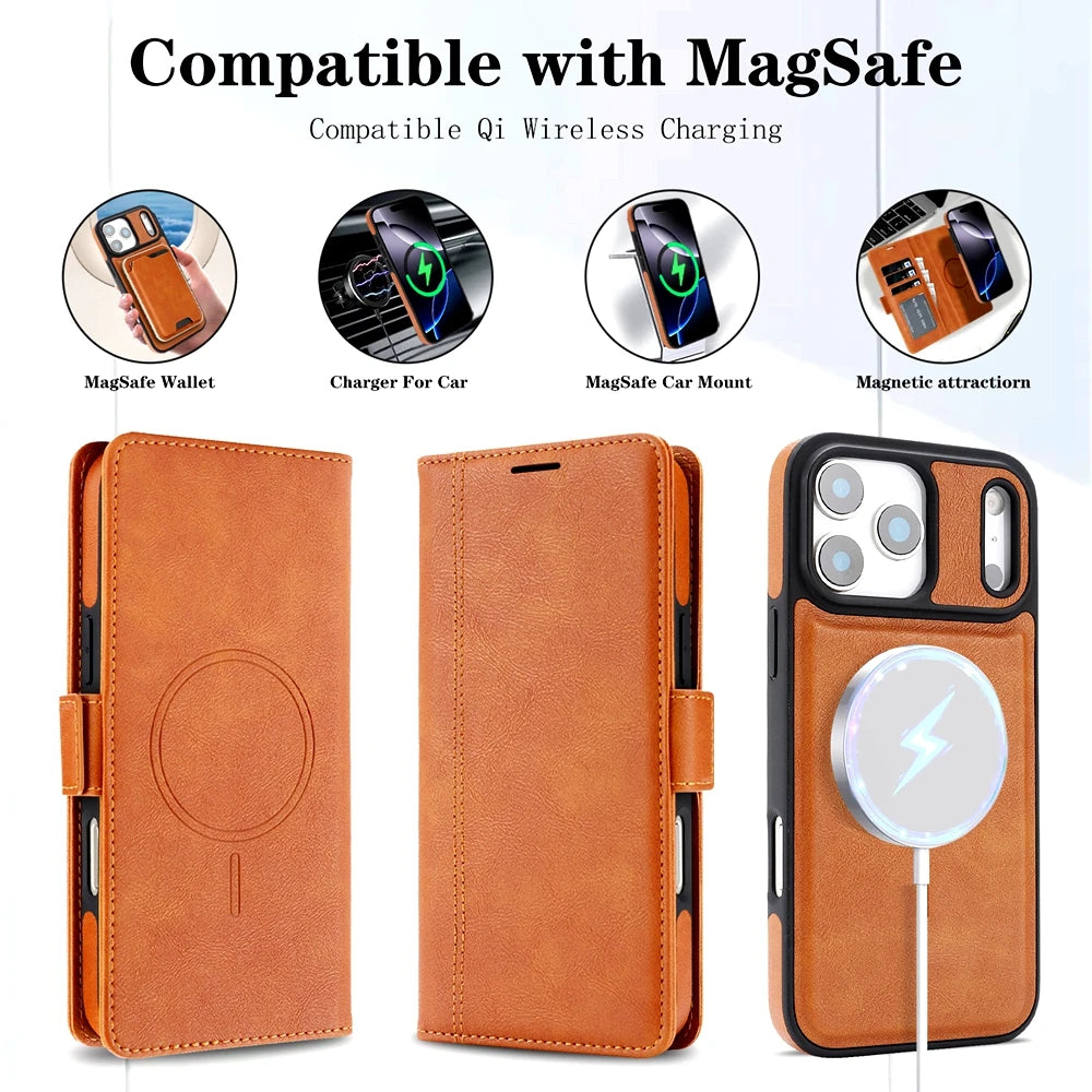 2 in 1 Magsafe Wallet Case For iPhone 17 Promax Air 16 Pro Max 15 Plus 14 13 12 iphone17 Cards Slot Leather Flip Phone Cover