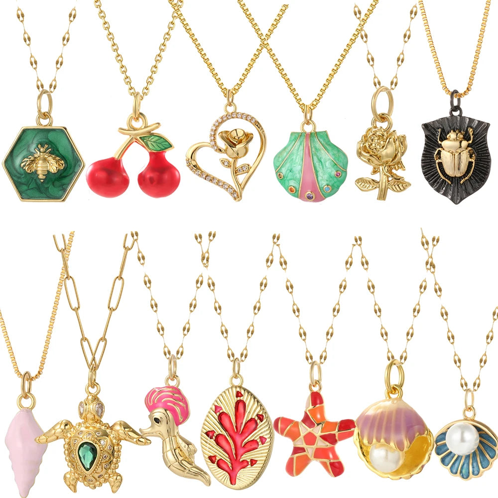 Bohemian Heart Animals Necklace for Women Cute Heart Punk Motocycle Pendant Gold Color Stainless Steel Long Chain Collars Neck