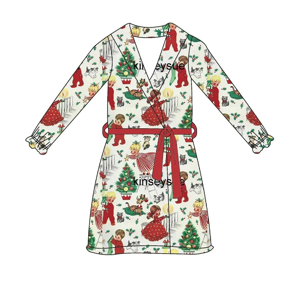 Boutique Kids Night Sleeping Bathrobe Dressing Gown Baby Robe Pajamas Toddler Boy Christmas Gingerbread Clothing Set