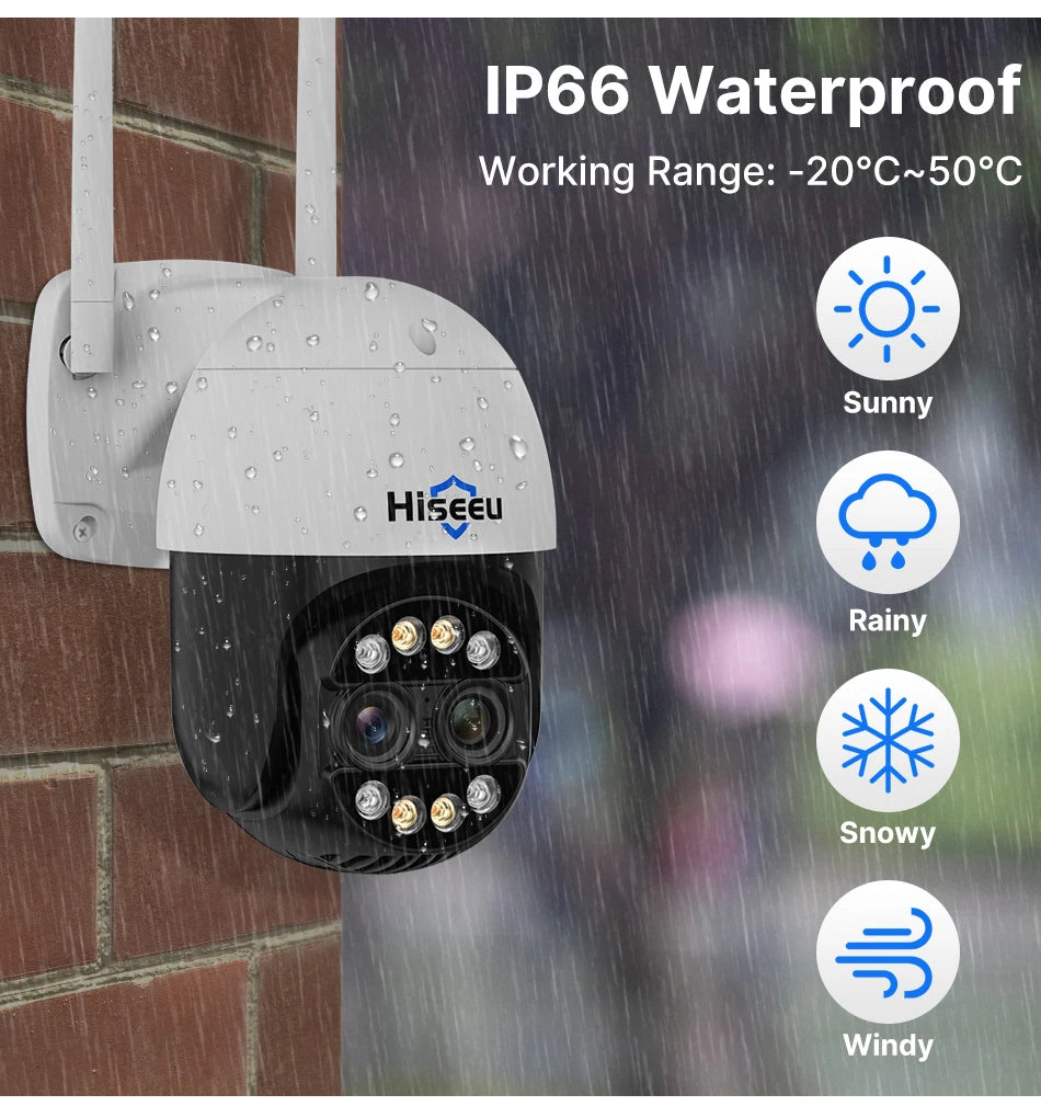 Hiseeu 4K 8MP Dual Lens PTZ Wifi IP Camera 8X Zoom Outdoor HD Full Color Night Vision Human Detection Video Surveillance Cameras