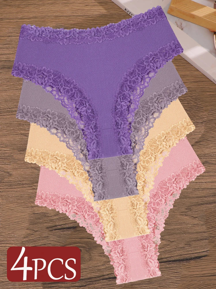 4Pcs/Set Seamless Cotton Brazilian Pants For Women Elastic High Waist Breathable Underpants Ladies Lace Panties Sexy Lingerie