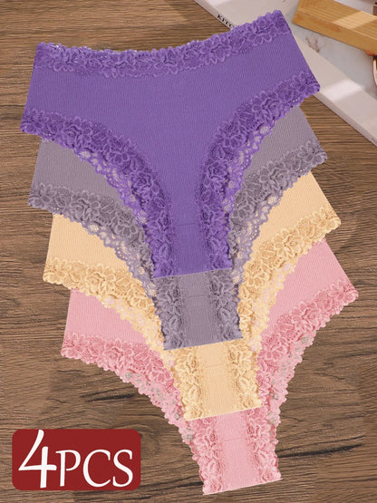 4Pcs/Set Seamless Cotton Brazilian Pants For Women Elastic High Waist Breathable Underpants Ladies Lace Panties Sexy Lingerie