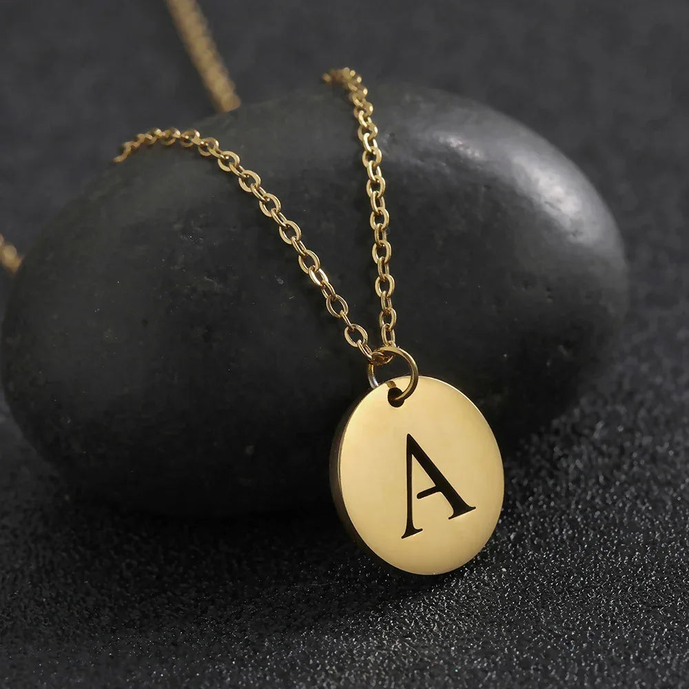 New Trend Stainless Steel Gold Silver Color Initials Necklace Hollow Round 26 Letter Pendant Necklace Jewelry Christmas Gift