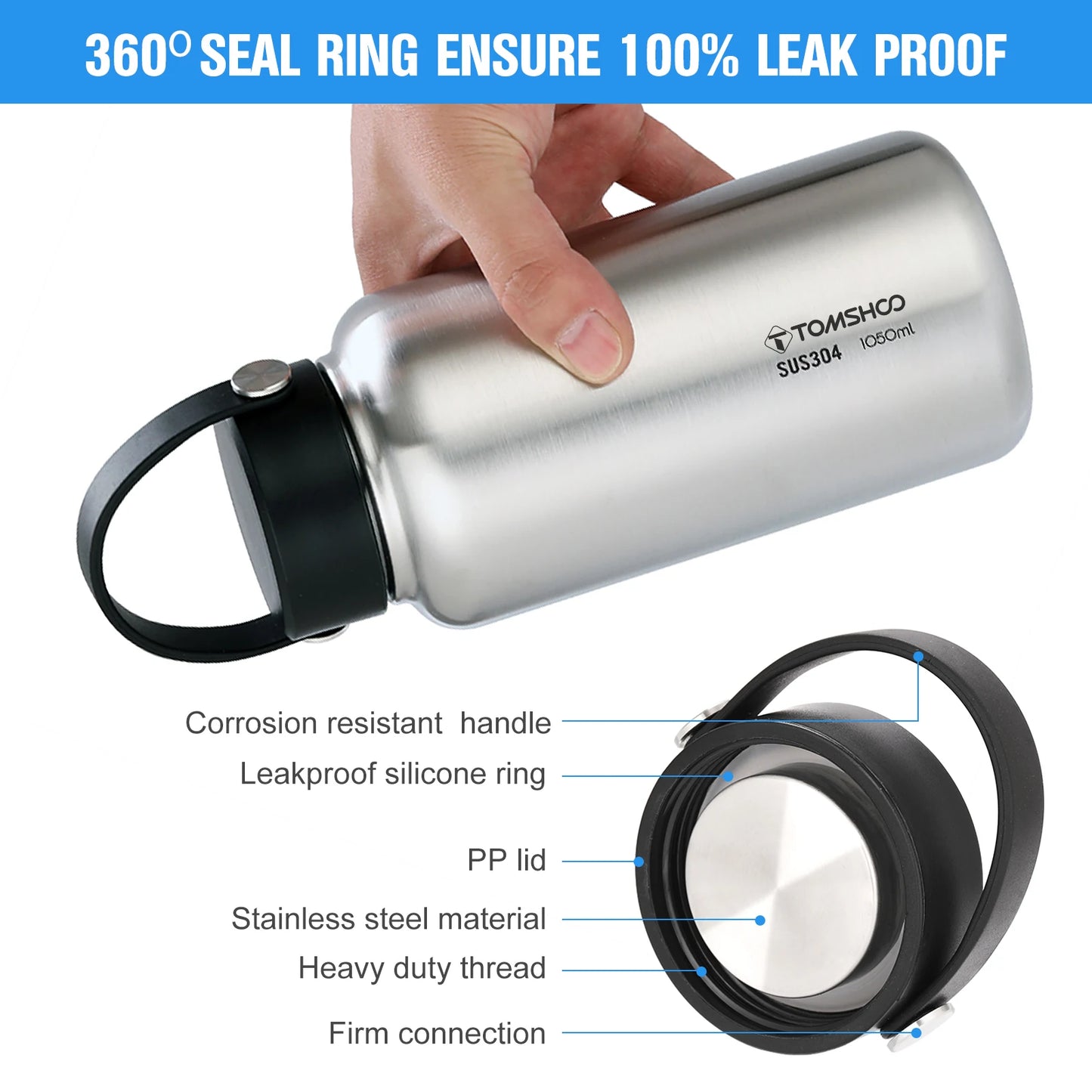 TOMSHOO 1.05L Stainless Steel Water Bottle Leak Proof Sports Bottle W 750ml Water Cup Coffee Mug Hanging Pot for Outdoor Camping