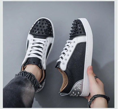 New Fashion Silver Trainers Glitter Spiky Shoes Men Lace Up Sneakers Low Top Shoes Red Sole Man Designer Sneaker With Spikes