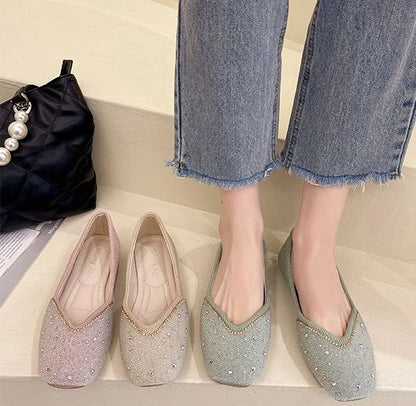 Shoes for Woman 2025 Diamond Flats Women's Summer Footwear Flat Square Toe Pink with Crystals Rhinestone Office 39 Beau Today E