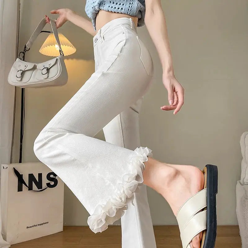White Lace Spliced Trousers with Slightly Flared Imitation Jeans Women Autumn American Retro Small 8/9-point Flared Trousers