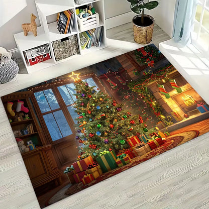 Happy New Year Merry Christmas Tree Santa Claus Cartoon Gift Carpet Rug for Bedroom Living Room Sofa Home Doormat Decor,Non-slip