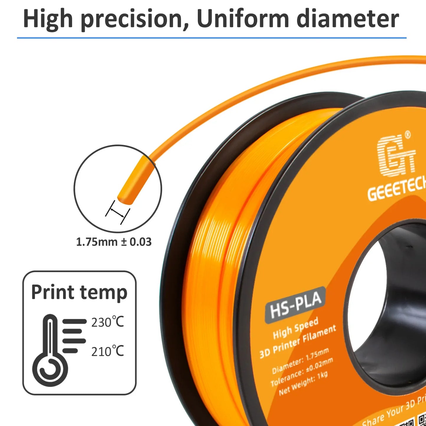 GEEETECH High-Speed PLA Filament 1.75mm 1kg 1 spool,Better Liquidity, Fast Curing, HS-PLA High-Speed 3D Printing Filament