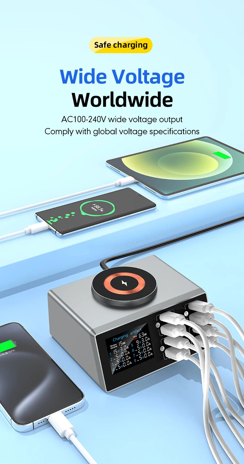 New 140W Multi-Function Charger Wireless Charger 8-Port PD+QC USB Type-C Quick Charger Home Travel Office Convenient