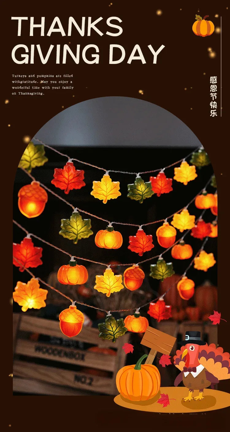1.5/3m Halloween LED Pumpkin Nut Maple Leaf Light String Home Christmas Party Decoration Hanging Lamp Props Thanksgiving Gift
