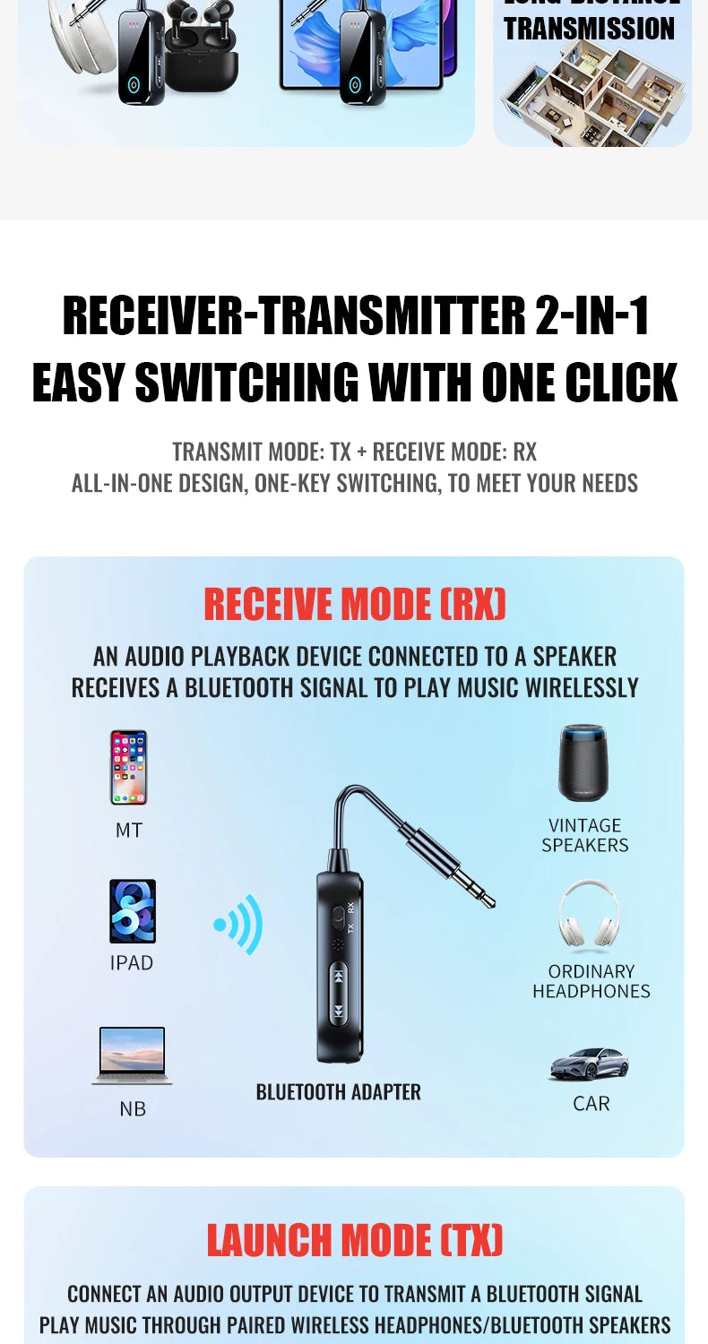 Upgraded Bluetooth 5.4 AUX Receiver Transmitter 3.5MM With Mic HiFi Stereo Music Wireless Audio Adapter For TV PC Airplane Car