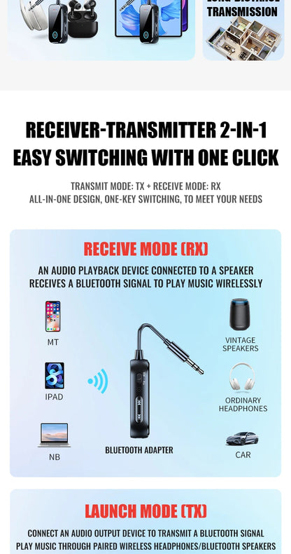 Upgraded Bluetooth 5.4 AUX Receiver Transmitter 3.5MM With Mic HiFi Stereo Music Wireless Audio Adapter For TV PC Airplane Car