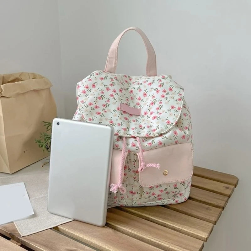 Women Girls Sweet Floral Double Pockets Shoulder Bag Japanese Aesthetic Small Backpack Casual Student Shool Book Bag F3MD