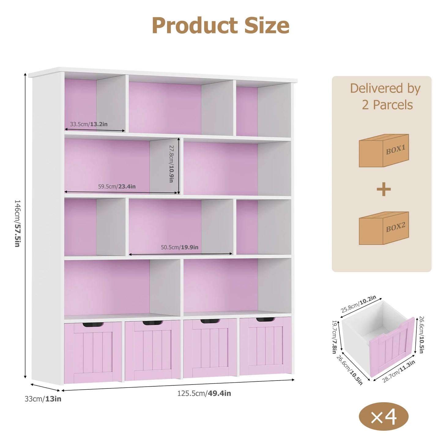 Getone Kids Toy Storage Unit Childrens Bookcase with 4 roller drawers 11 shelves Toy Organiser Kids Bookshelf for Nursery Playroom 125.5x33x146 cm White/ Pink